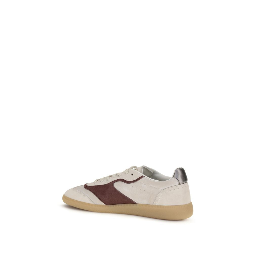 Beige Leather Low Top Sneakers with Silver Logo