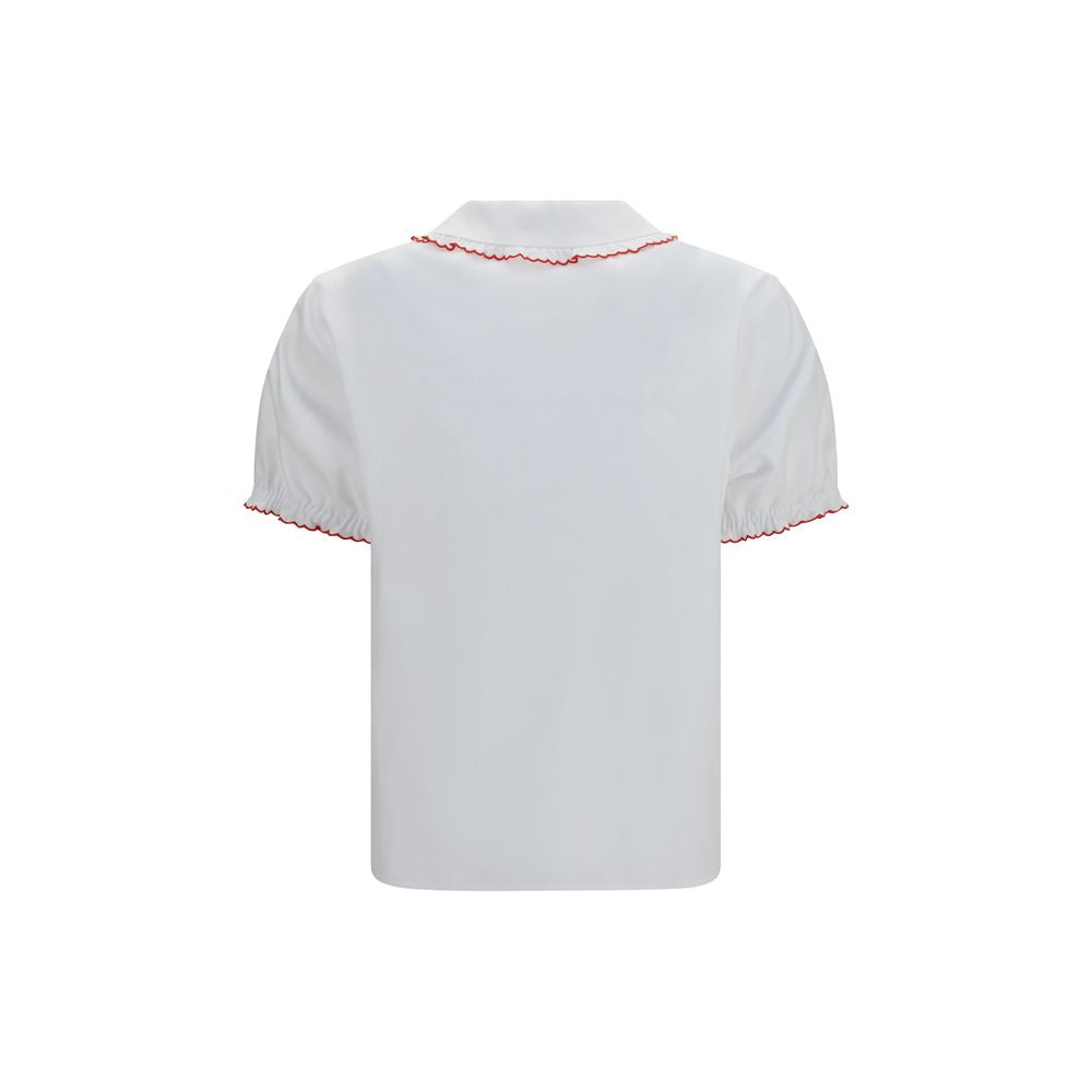 White Cotton Blouse with Embroidered Ruffle Details