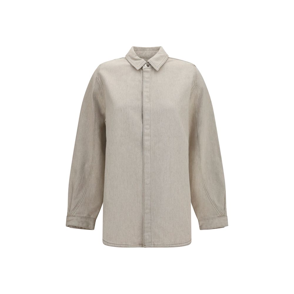 Beige Cotton Denim Shirt with Trapeze Silhouette