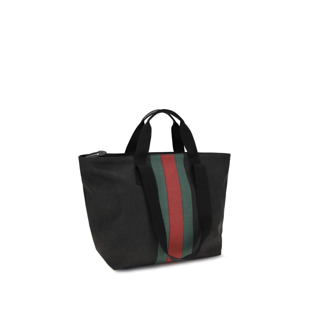 Black Cotton Tote Bag with Iconic Web Stripe