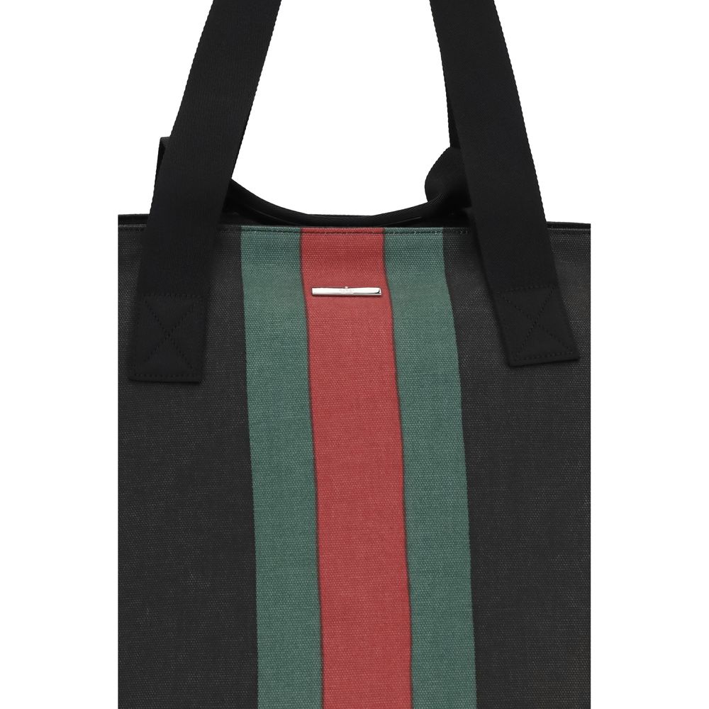 Black Cotton Tote Bag with Iconic Web Stripe
