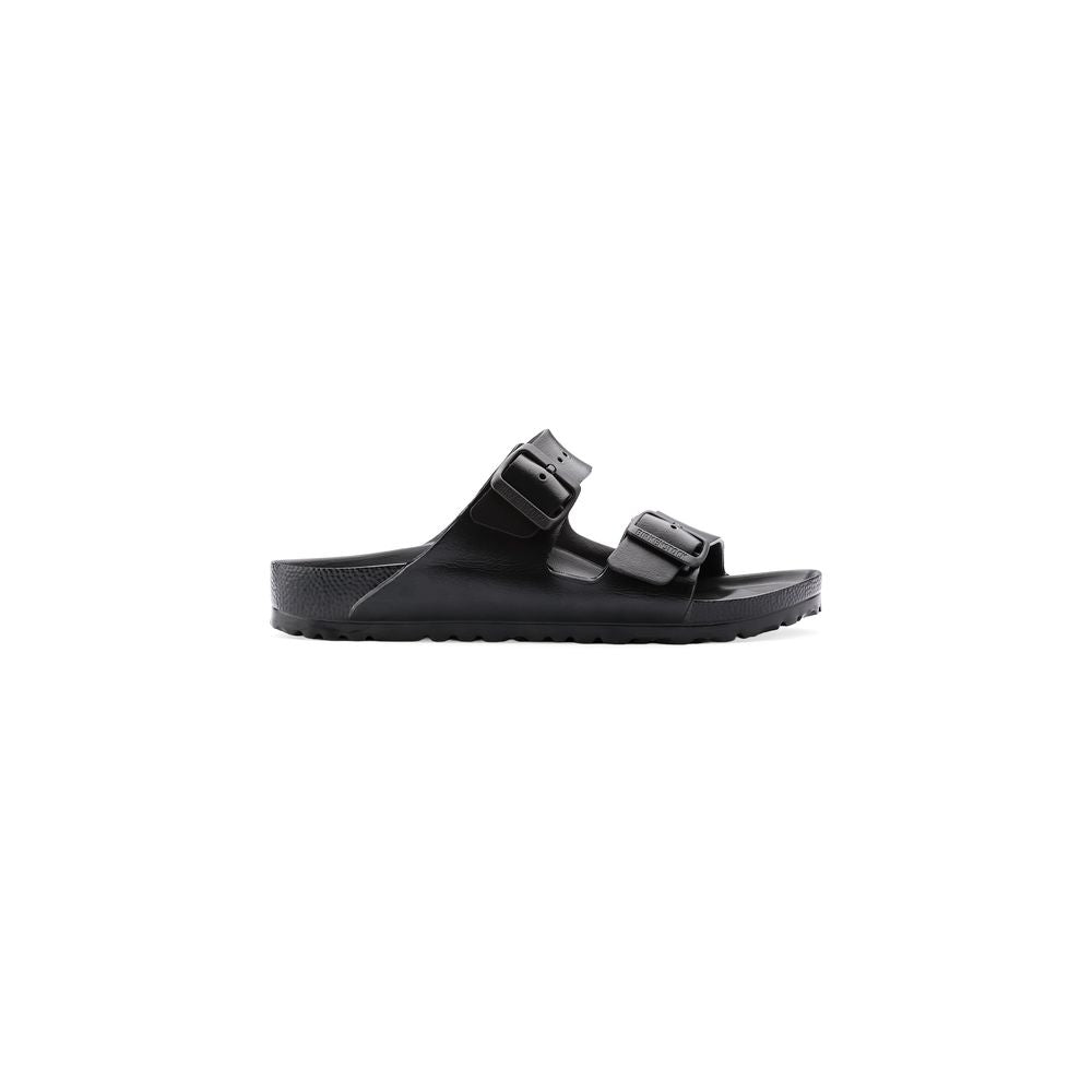 Schwarze flache Synthetik-Sandalen mit verstellbaren Riemen