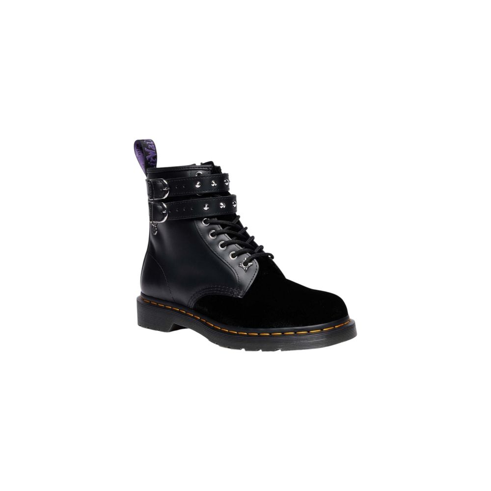 Schwarze Leder-Schnürstiefel mit Schnallenriemen