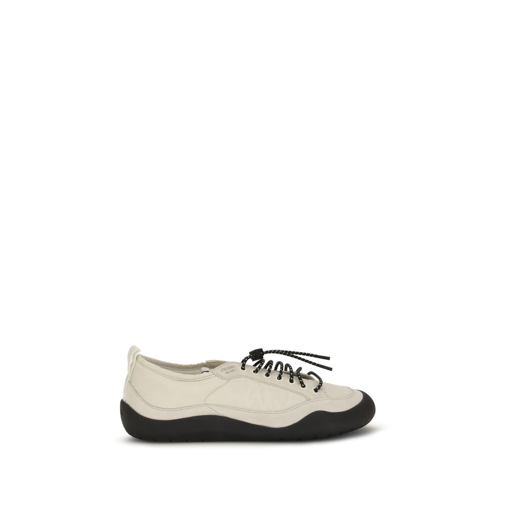 Beige Leather-Trim Fabric Sneakers by Prada
