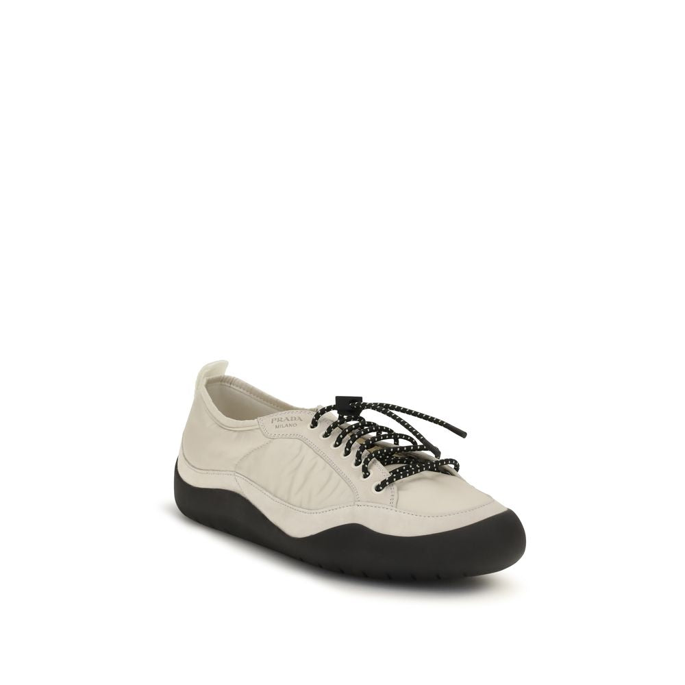 Beige Leather-Trim Fabric Sneakers by Prada