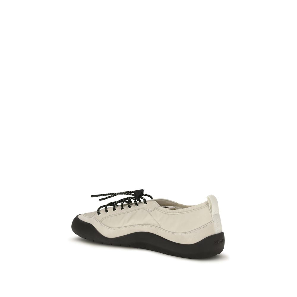 Beige Leather-Trim Fabric Sneakers by Prada