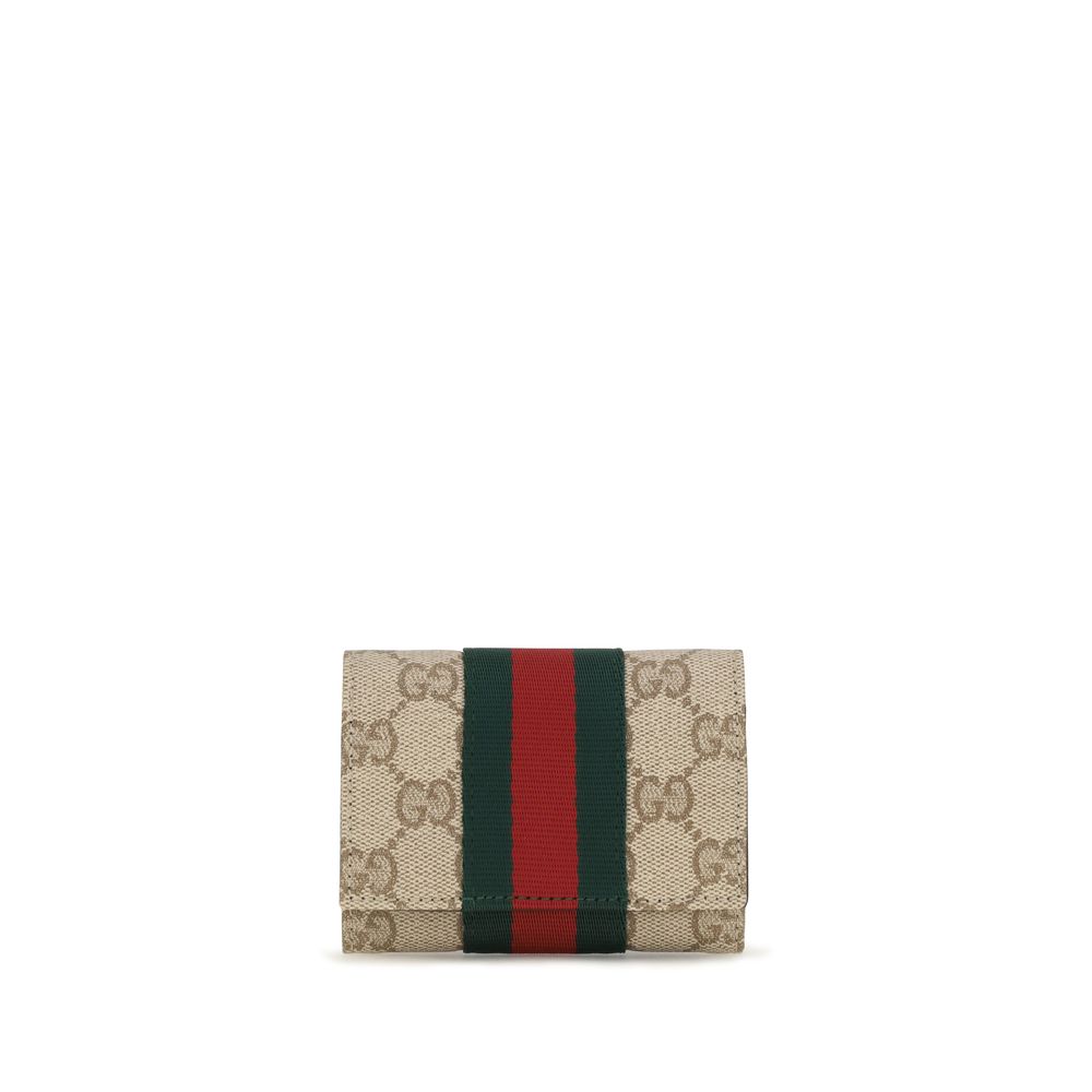 Beige Cotton Bi-Fold Wallet with Web Stripe by Gucci