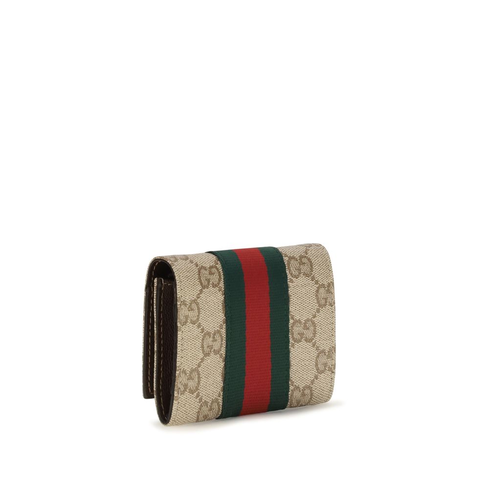 Beige Cotton Bi-Fold Wallet with Web Stripe by Gucci