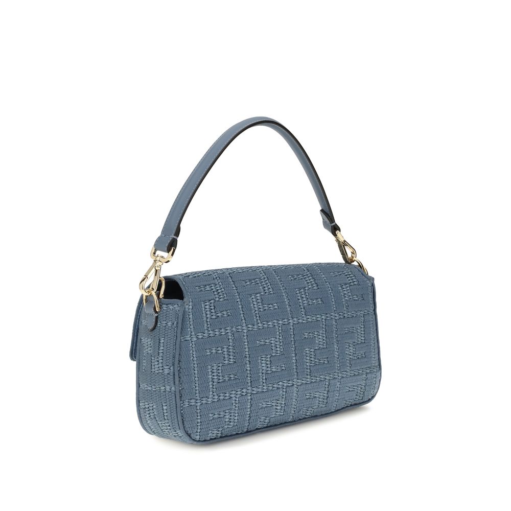 Blue Raffia Shoulder Bag with Leather Trim