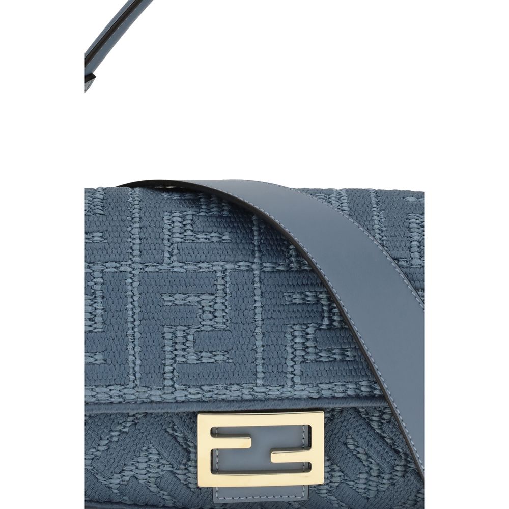 Blue Raffia Shoulder Bag with Leather Trim