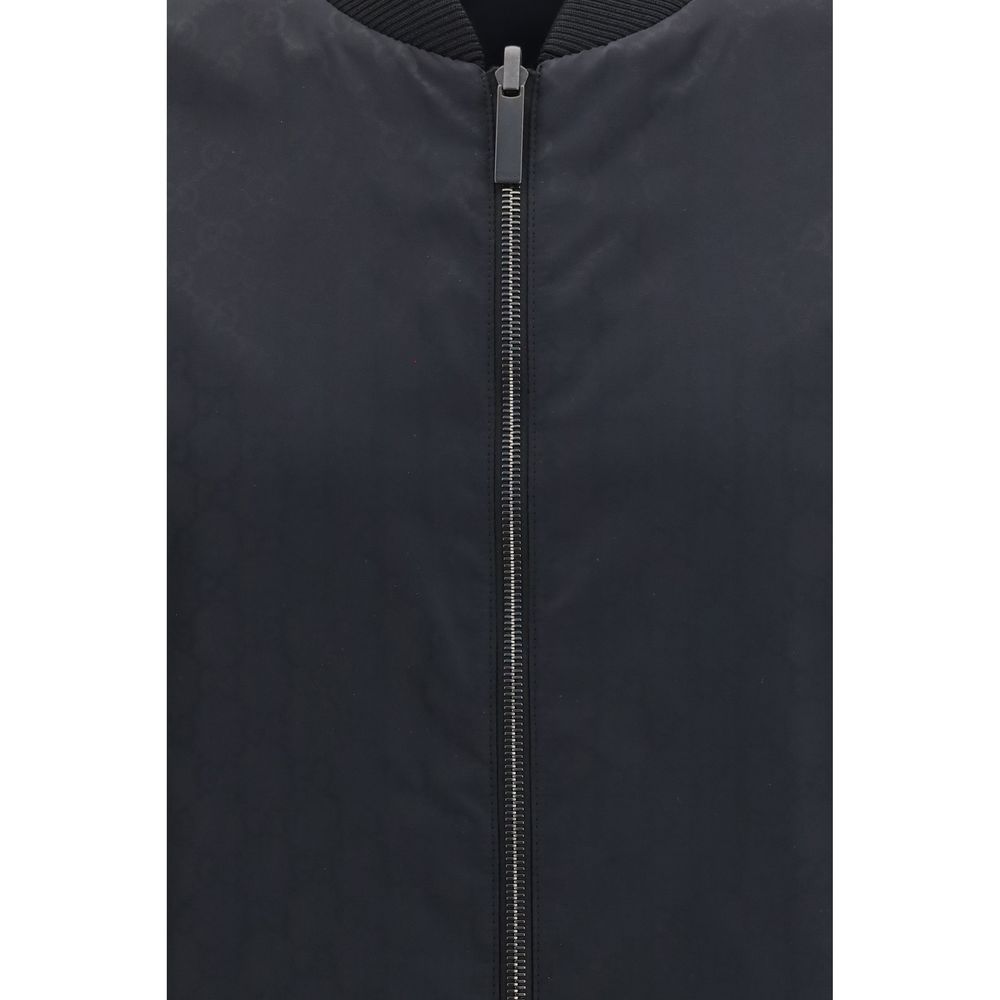 Black Synthetic Bomber Jacket with Reversible Silk Faille