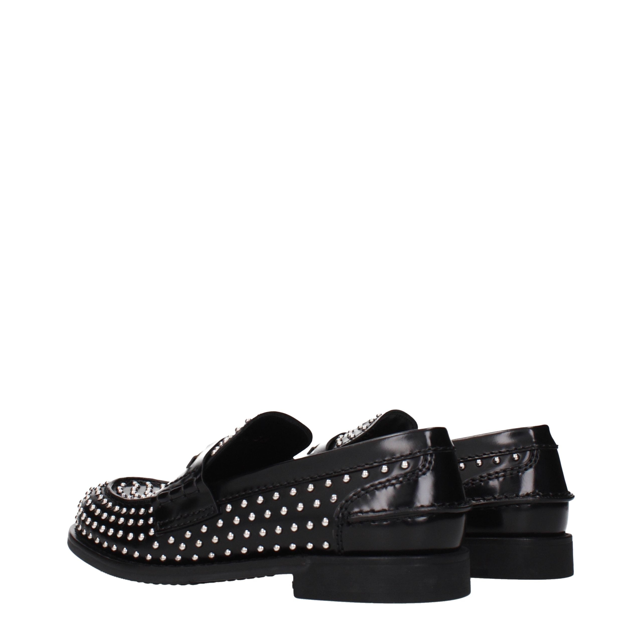 Black Leather Loafers with Studs and Logo