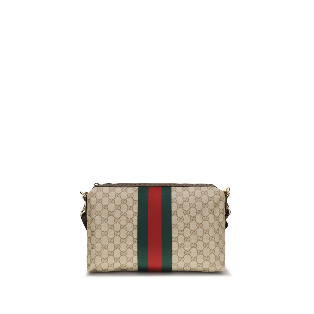 Beige GG Canvas Schultertasche mit Lederbesatz