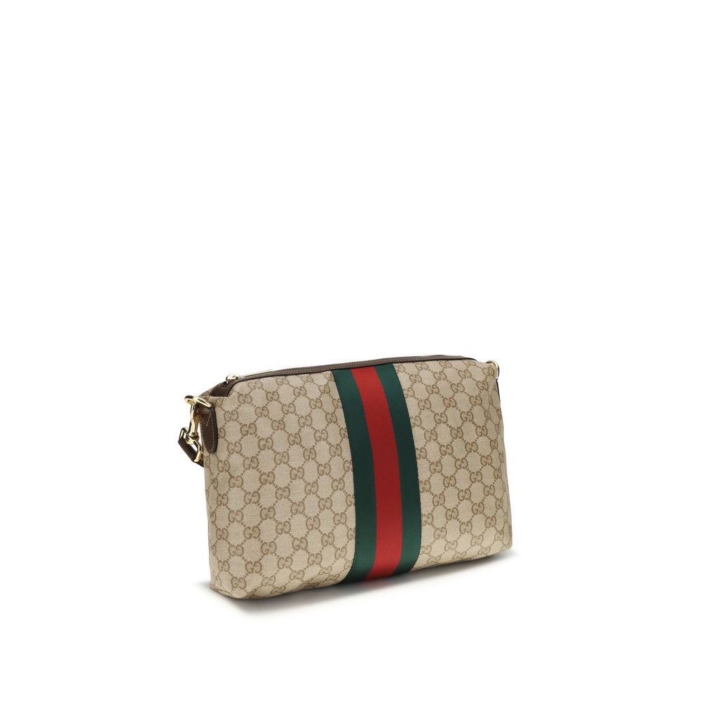 Beige GG Canvas Schultertasche mit Lederbesatz