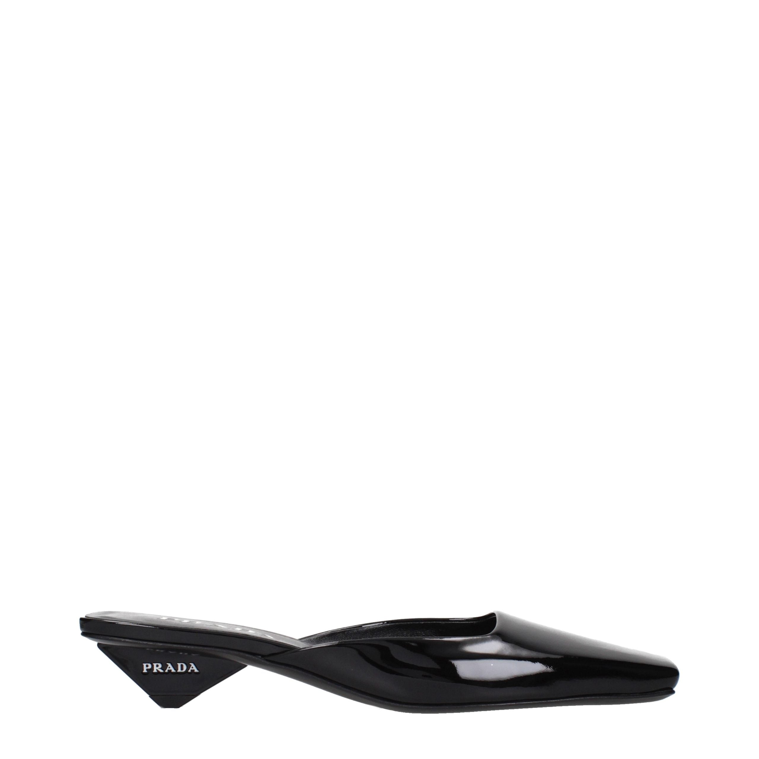 Black Leather Flat Sandals with Side Logo by Prada