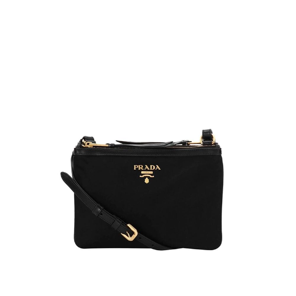 Black Synthetic Crossbody Bag with Gold Logo Detail