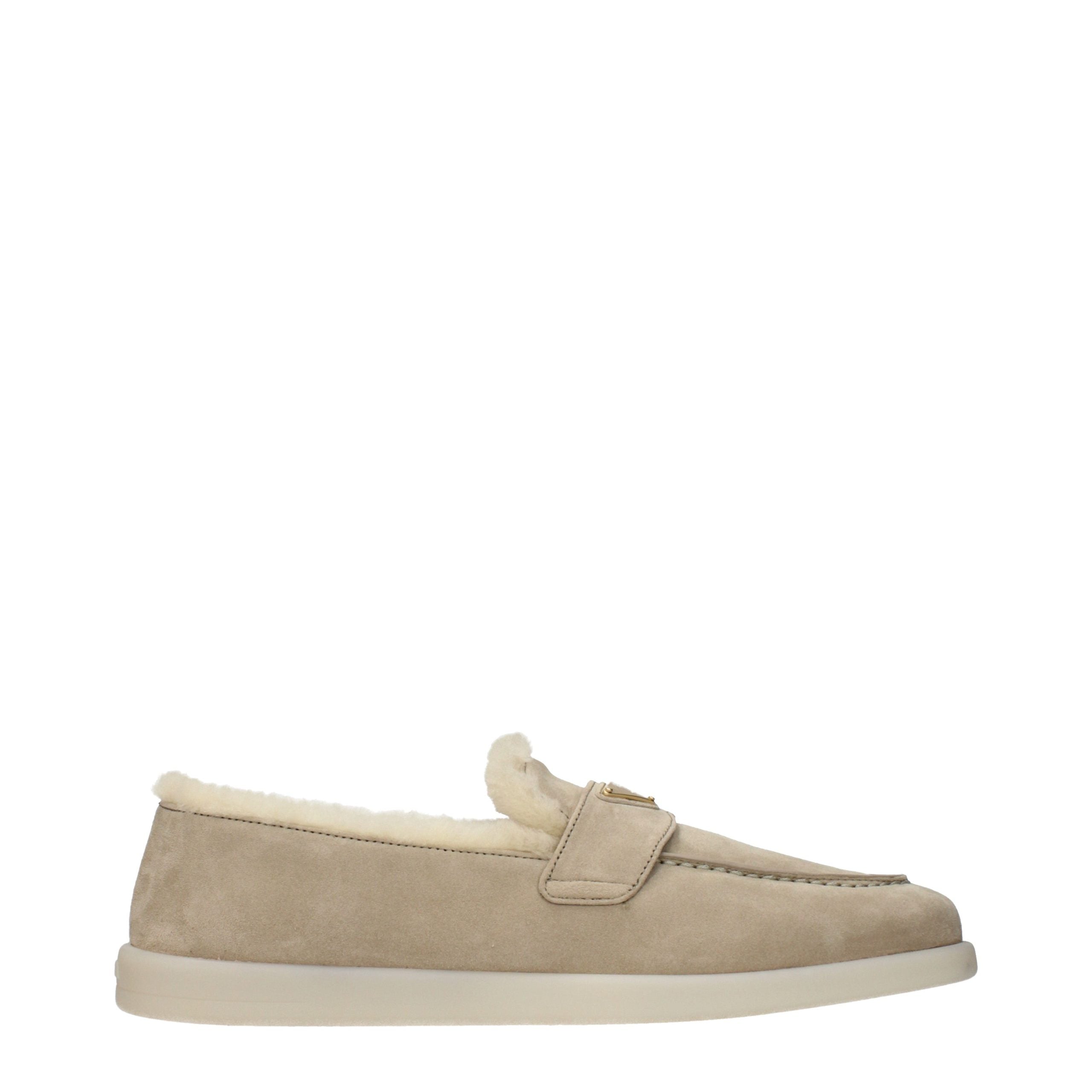 Beige Leather Loafers with Front Logo and Fur Interior