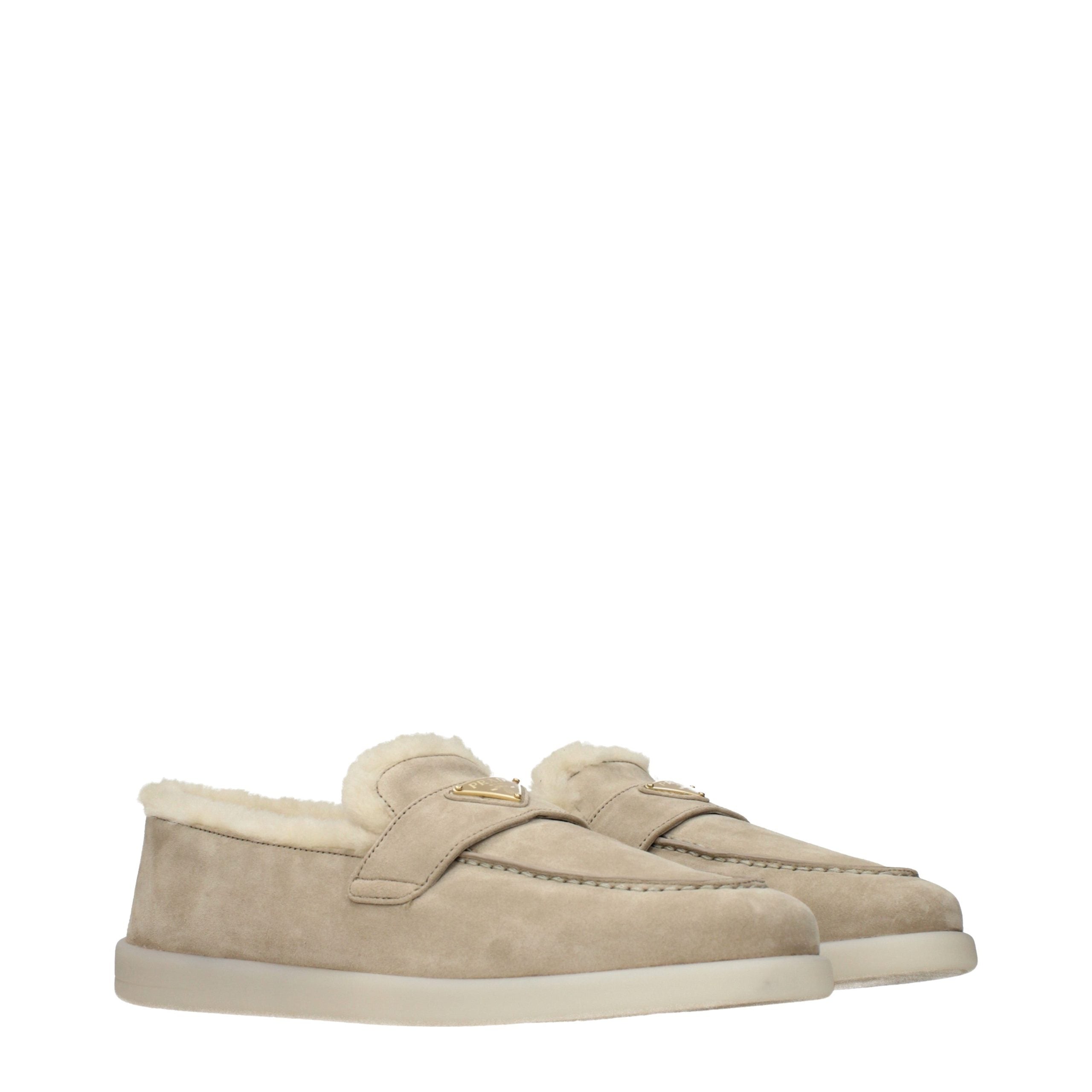 Beige Leather Loafers with Front Logo and Fur Interior