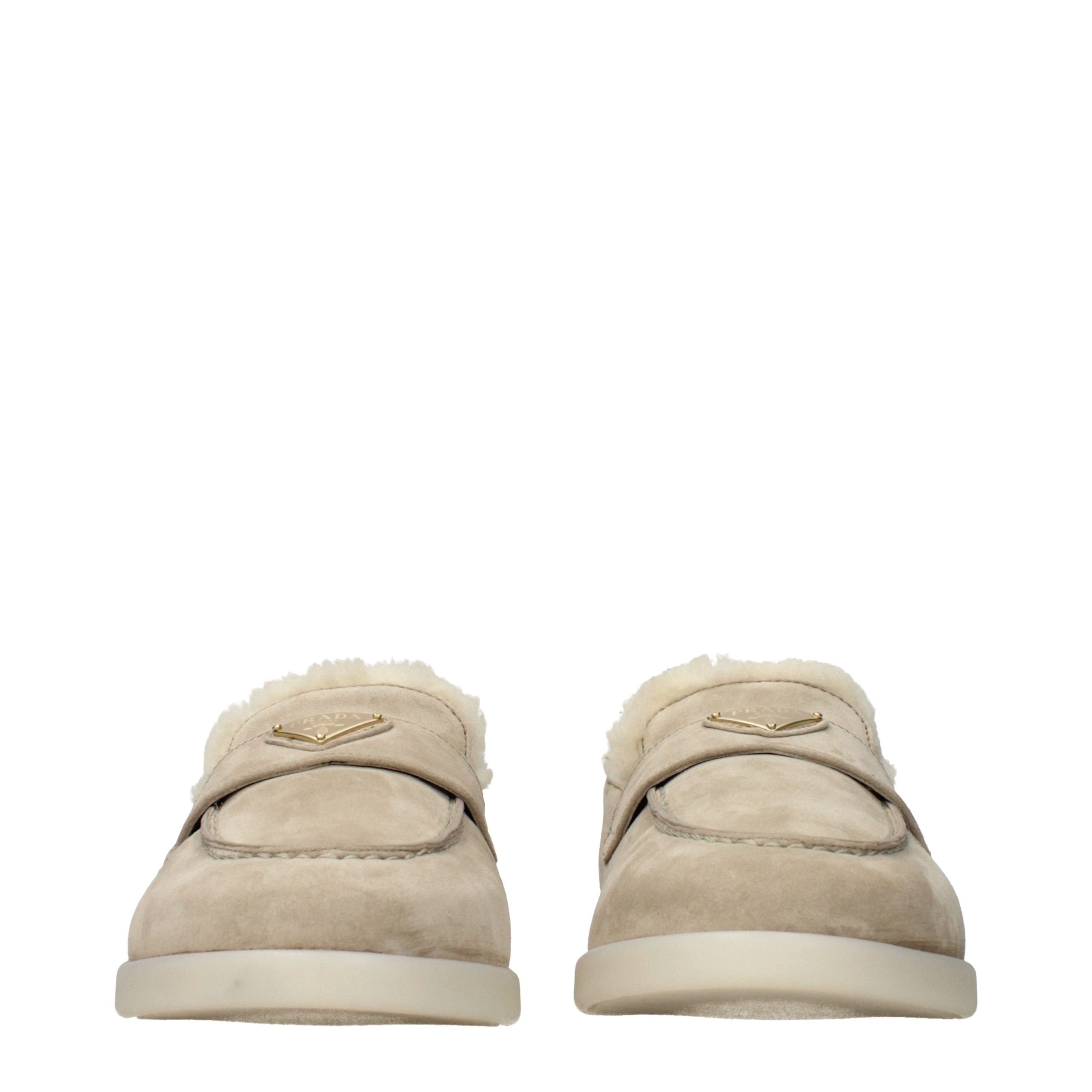 Beige Leather Loafers with Logo and Fur Interior