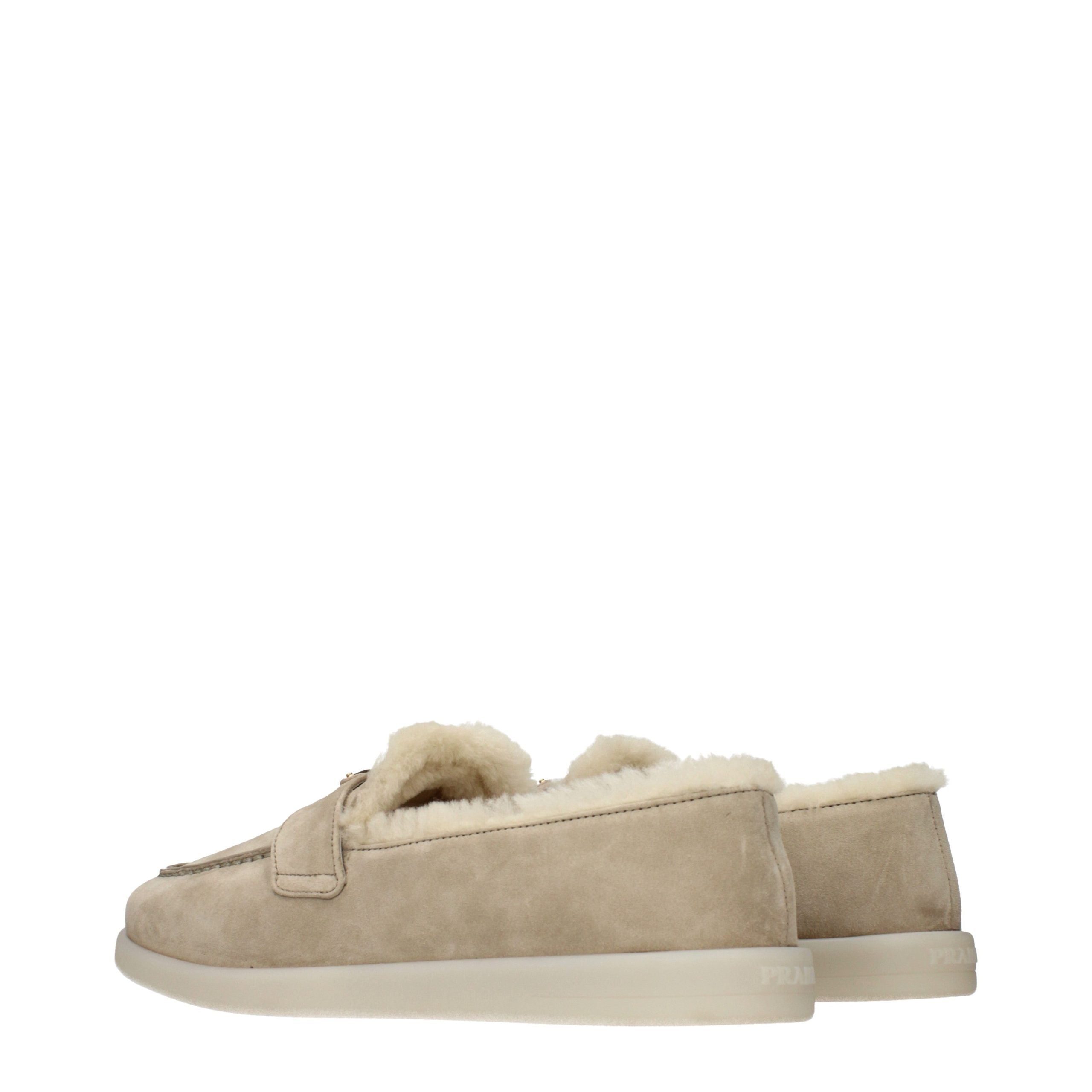 Beige Leather Loafers with Logo and Fur Interior