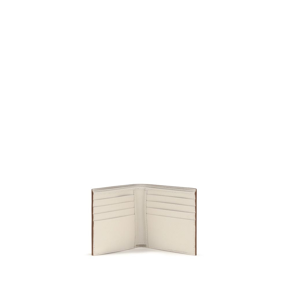 Beige Leather Bifold Wallet with Iconic Monogram Prada