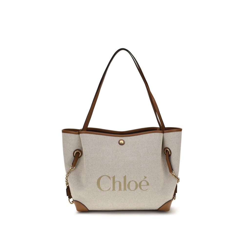 Beige Cotton Tote Bag with Leather Details
