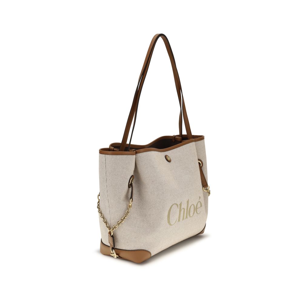 Beige Cotton Tote Bag with Leather Details