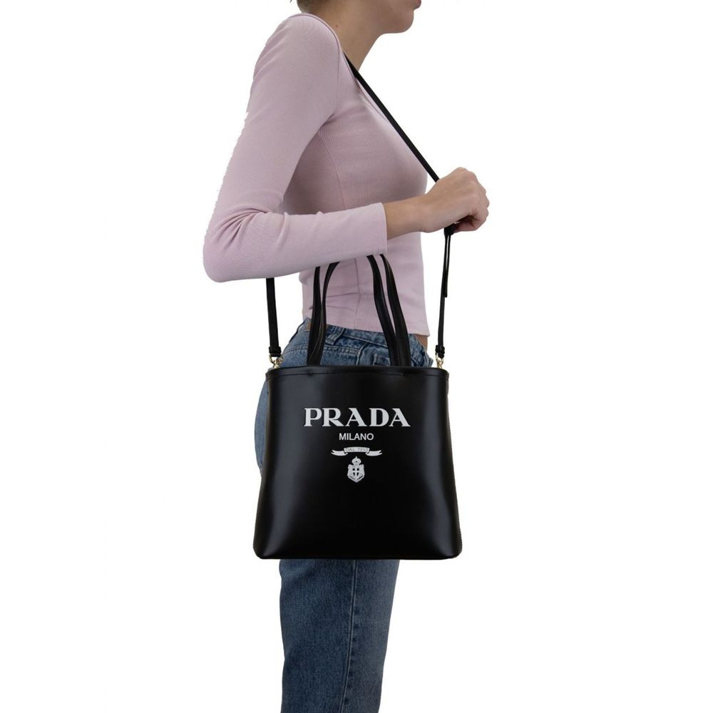Black Leather Tote Bag with Detachable Strap