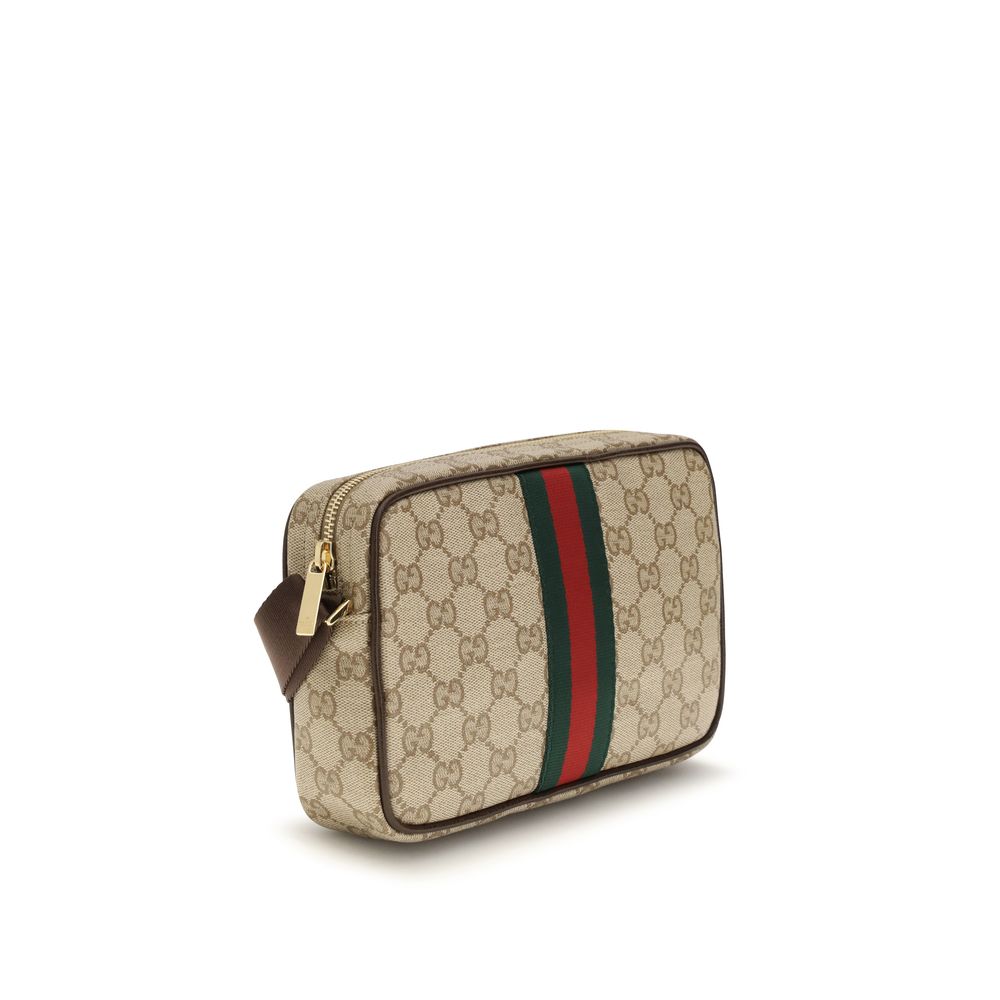 Beige GG Baumwollschultertasche mit Lederbesatz