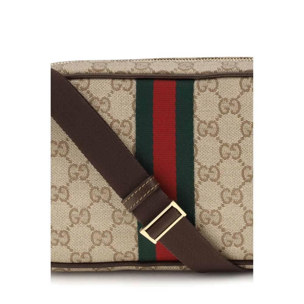 Beige GG Cotton Shoulder Bag with Leather Trim