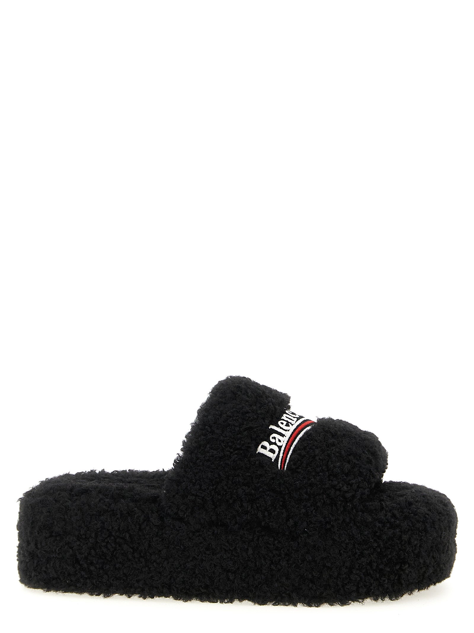 Balenciaga Black Furry Platform Synthetic Slides