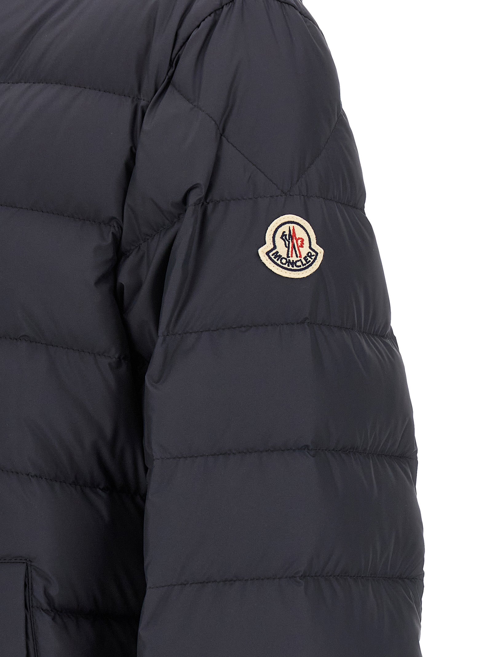 Moncler Blaue Polyesterjacke, durchgehend lang
