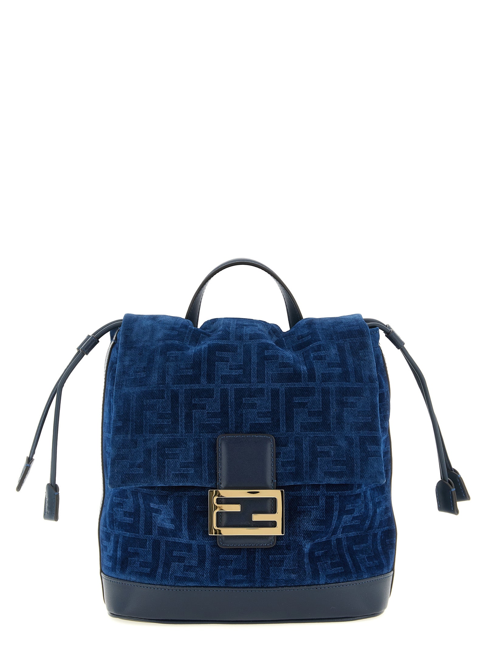 FENDI Blue Backpack Cotton Denim Calf Leather