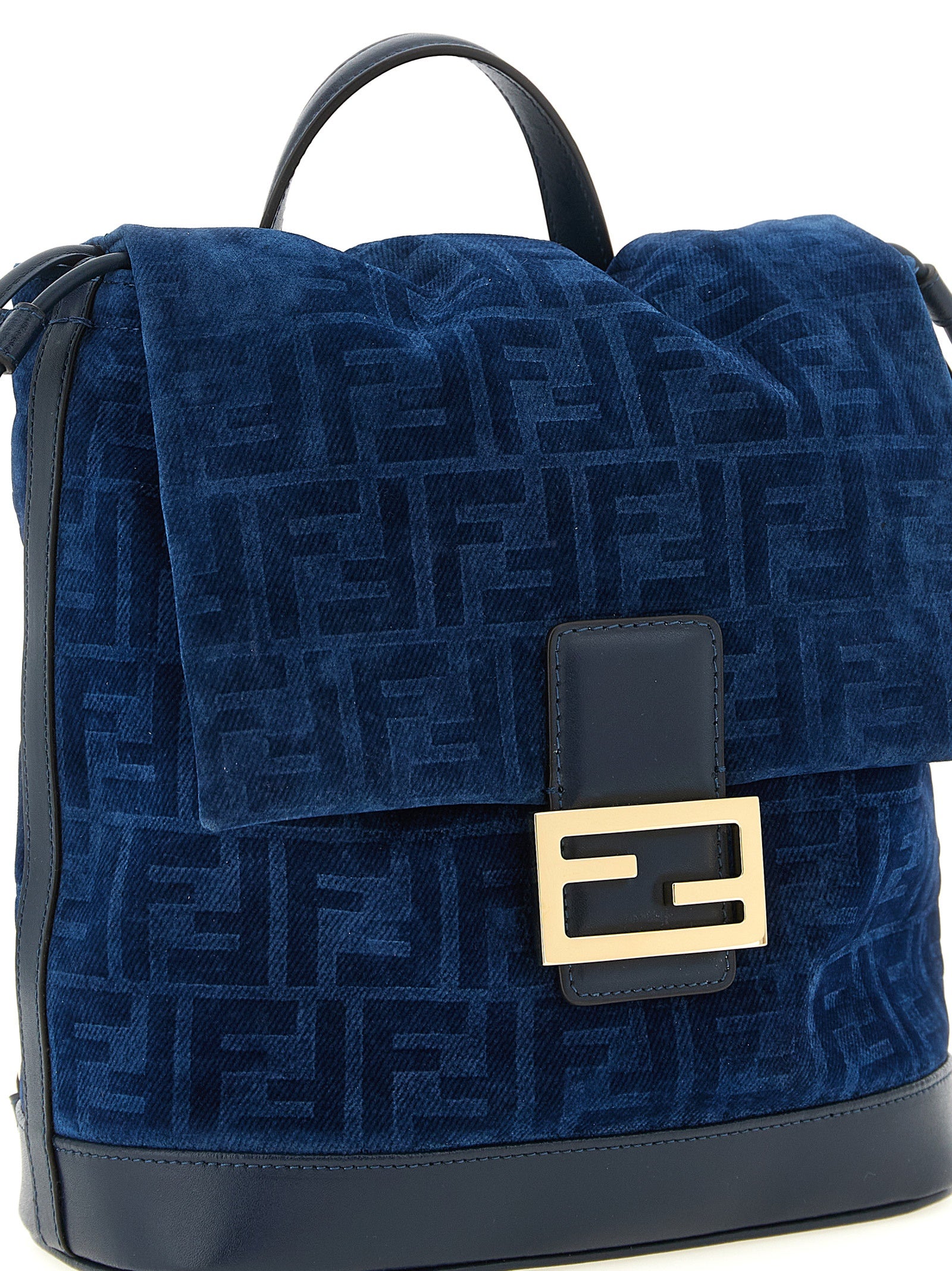 FENDI Blue Backpack Cotton Denim Calf Leather
