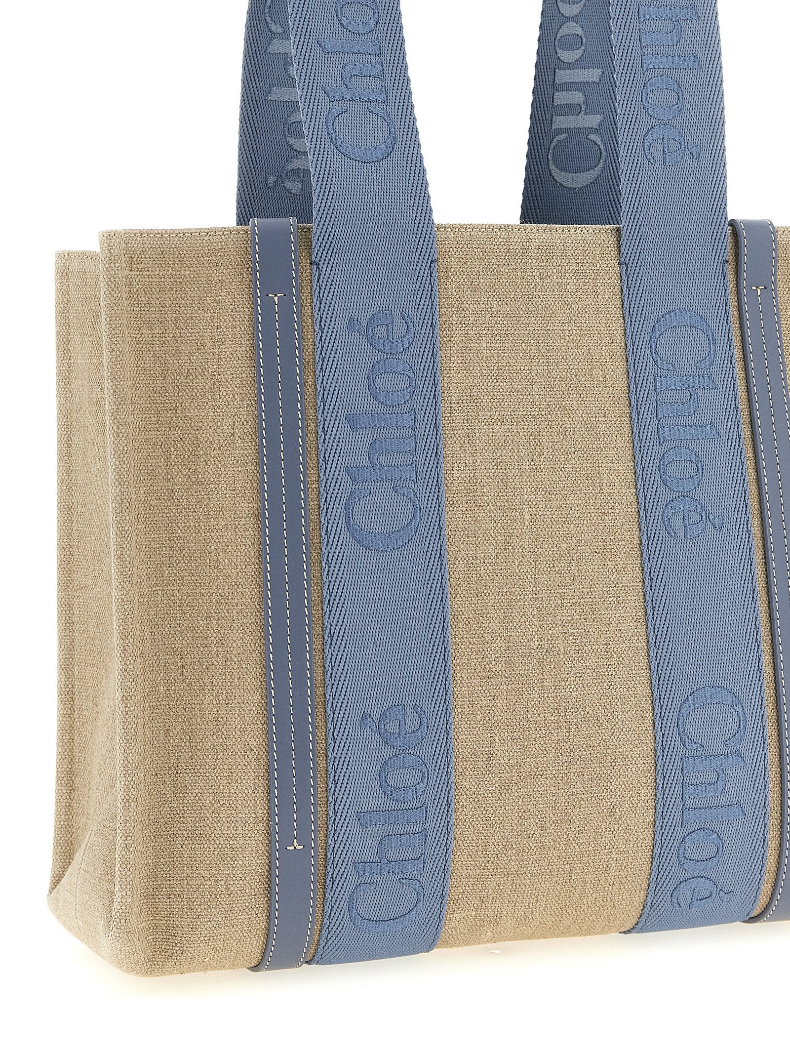 Chloé Blue Woody Medium Linen Tote Bag