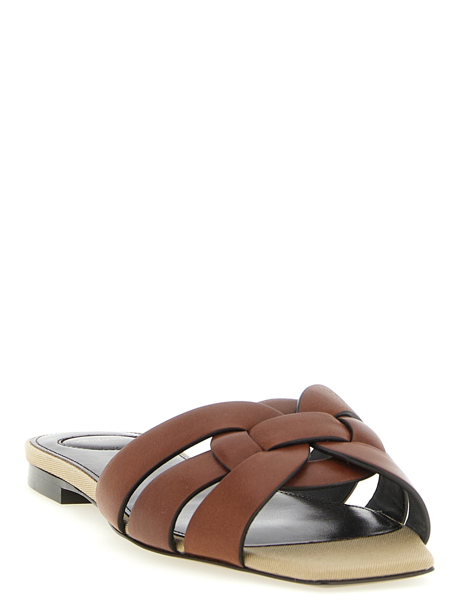 Saint Laurent Brown Tribute Slides Calf Leather