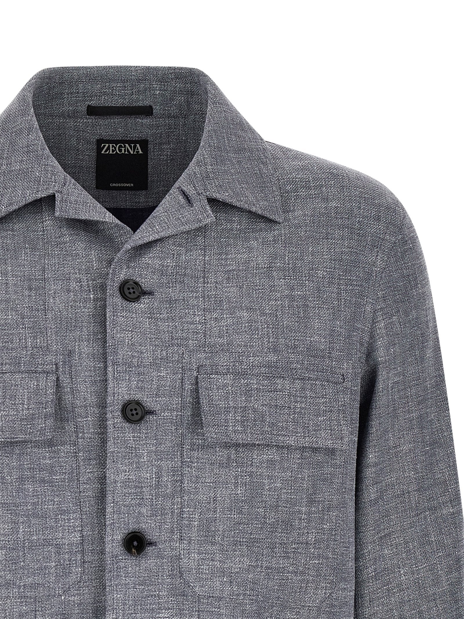 Zegna Blue Linen Wool Silk Overshirt