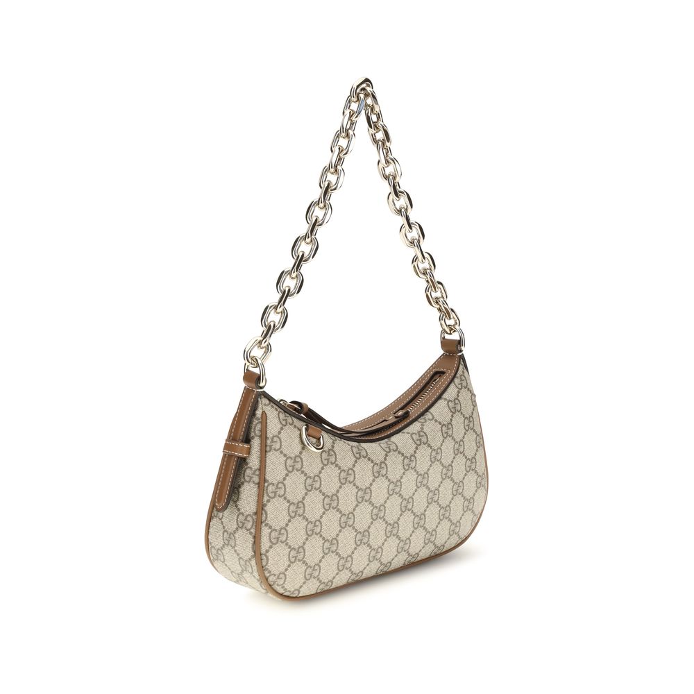 Beige GG Emblem Shoulder Bag with Leather Trim