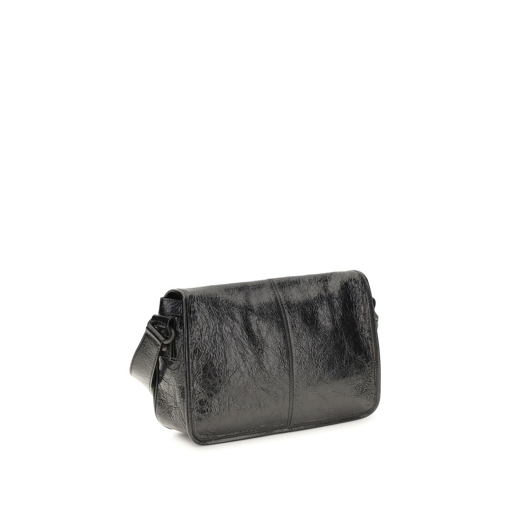 Black Leather Shoulder Bag with Flap Closure