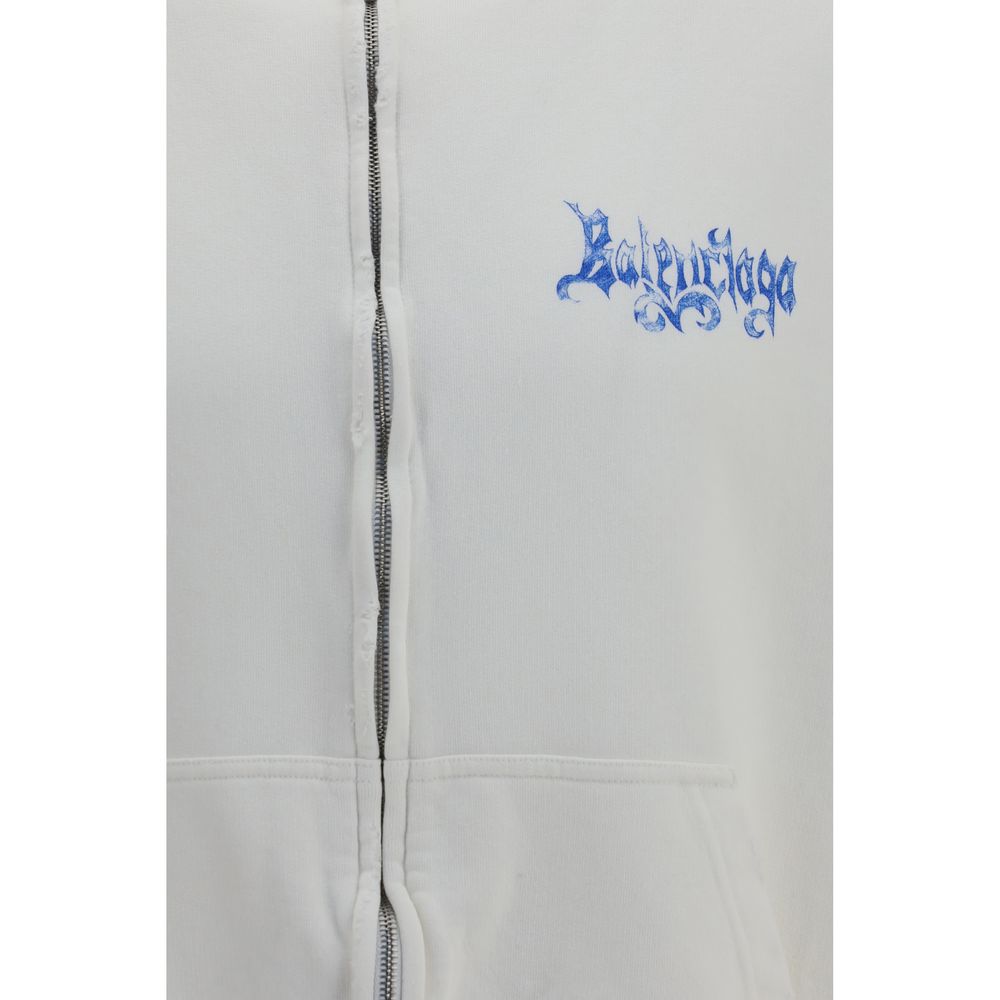 White Cotton Zip Hoodie with Distressed Details