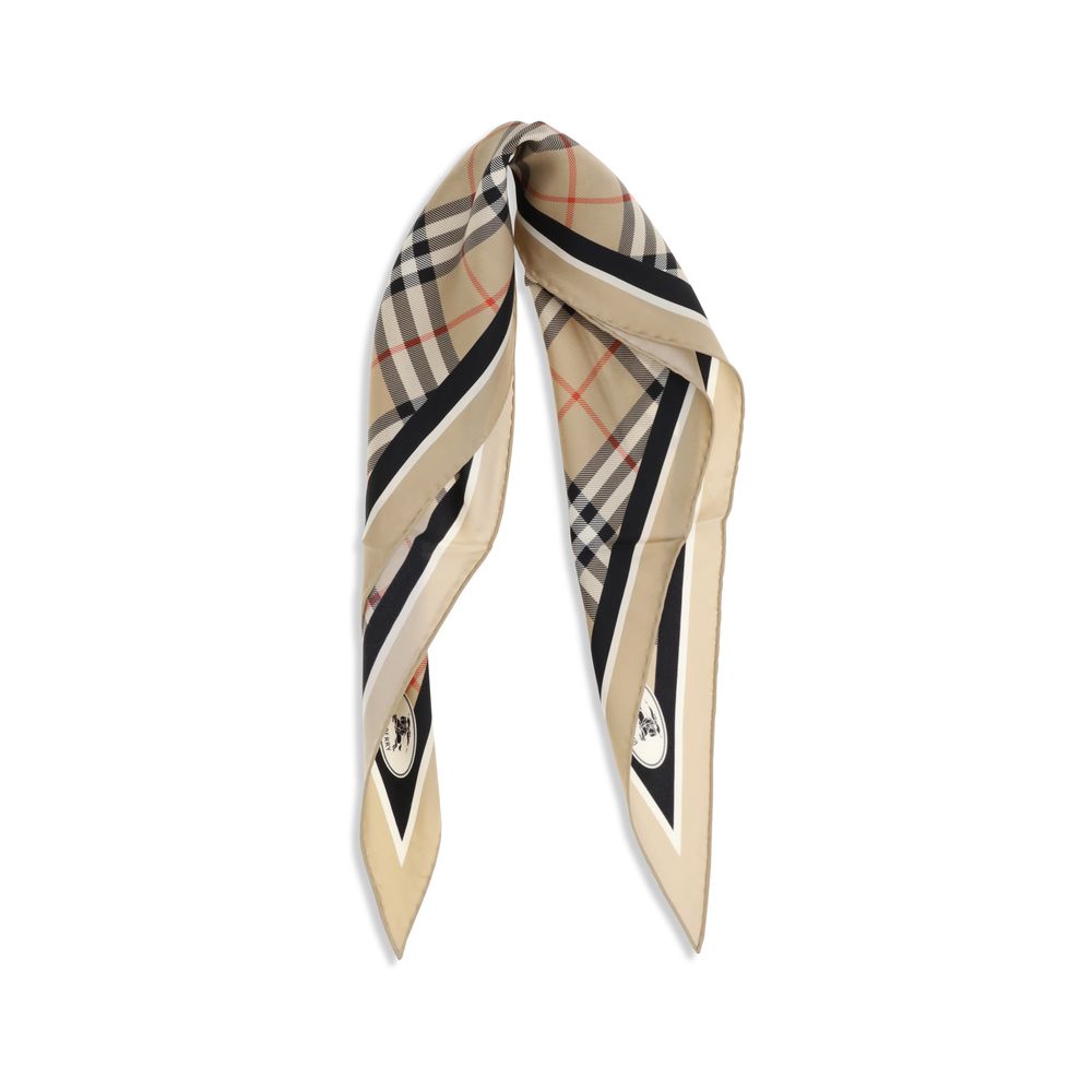 Beige Silk Scarf with Burberry Check and Knight Stamp