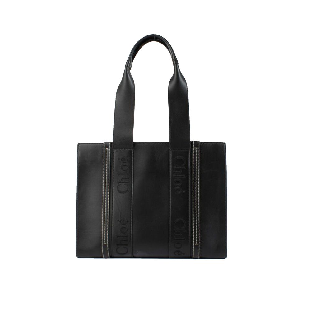 Black Leather Tote Bag with Double Shoulder Straps