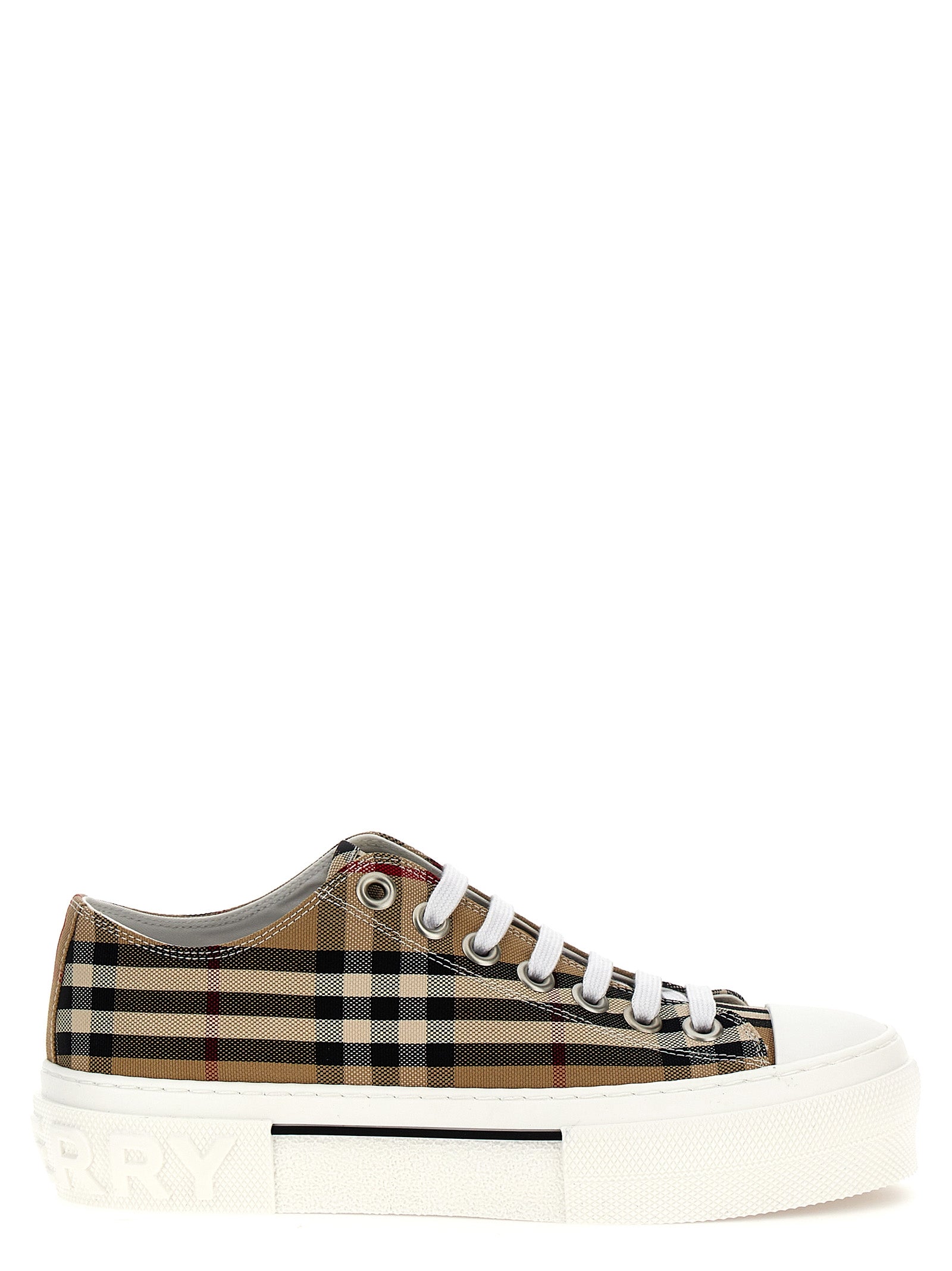 Burberry Beige Check Print Canvas Low Top Sneakers Calf Leather