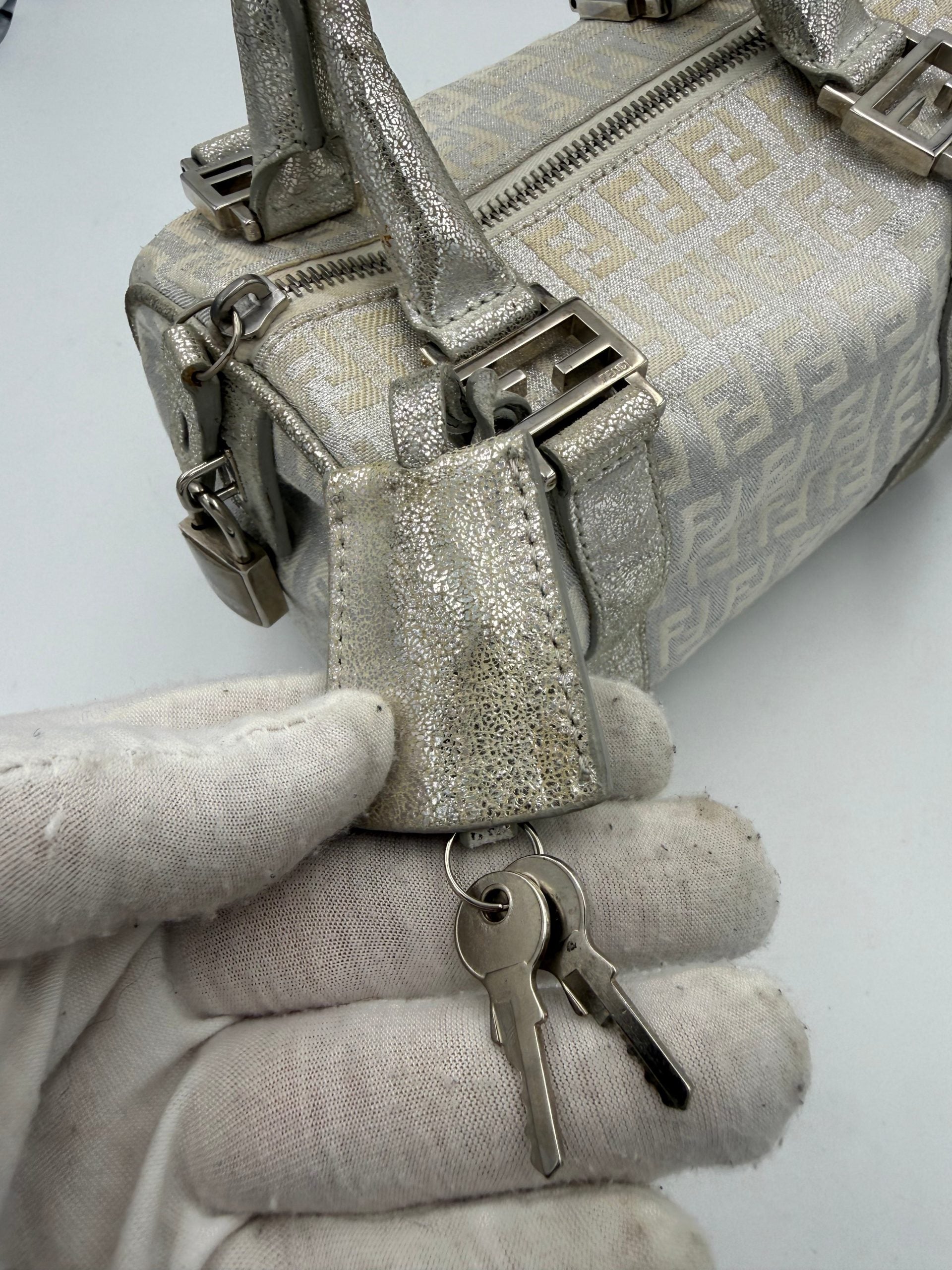 Fendi White FF Zucchino Mini Bauletto Laminated Handbag