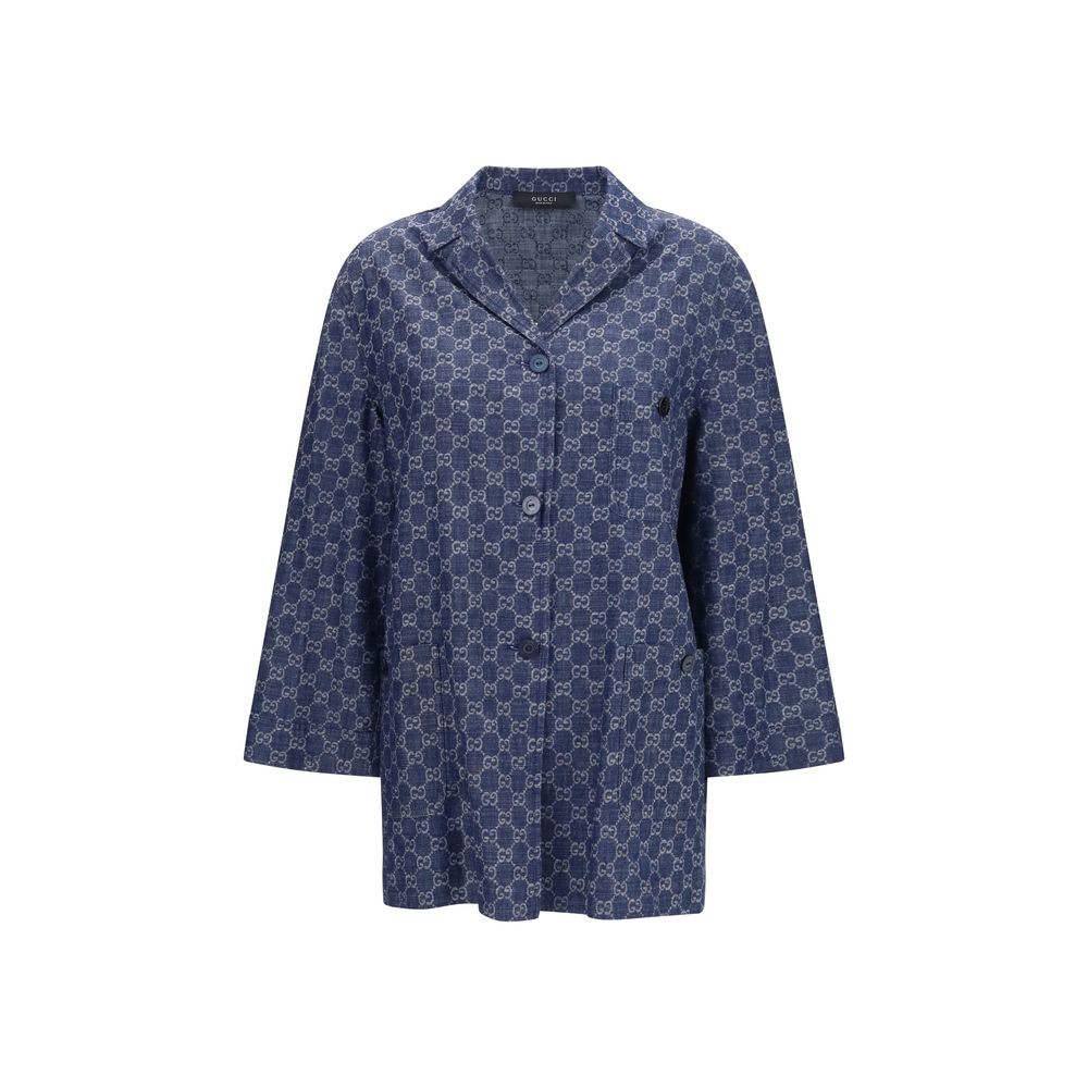 Gucci Blue GG Jacquard Cotton Full-Length Jacket