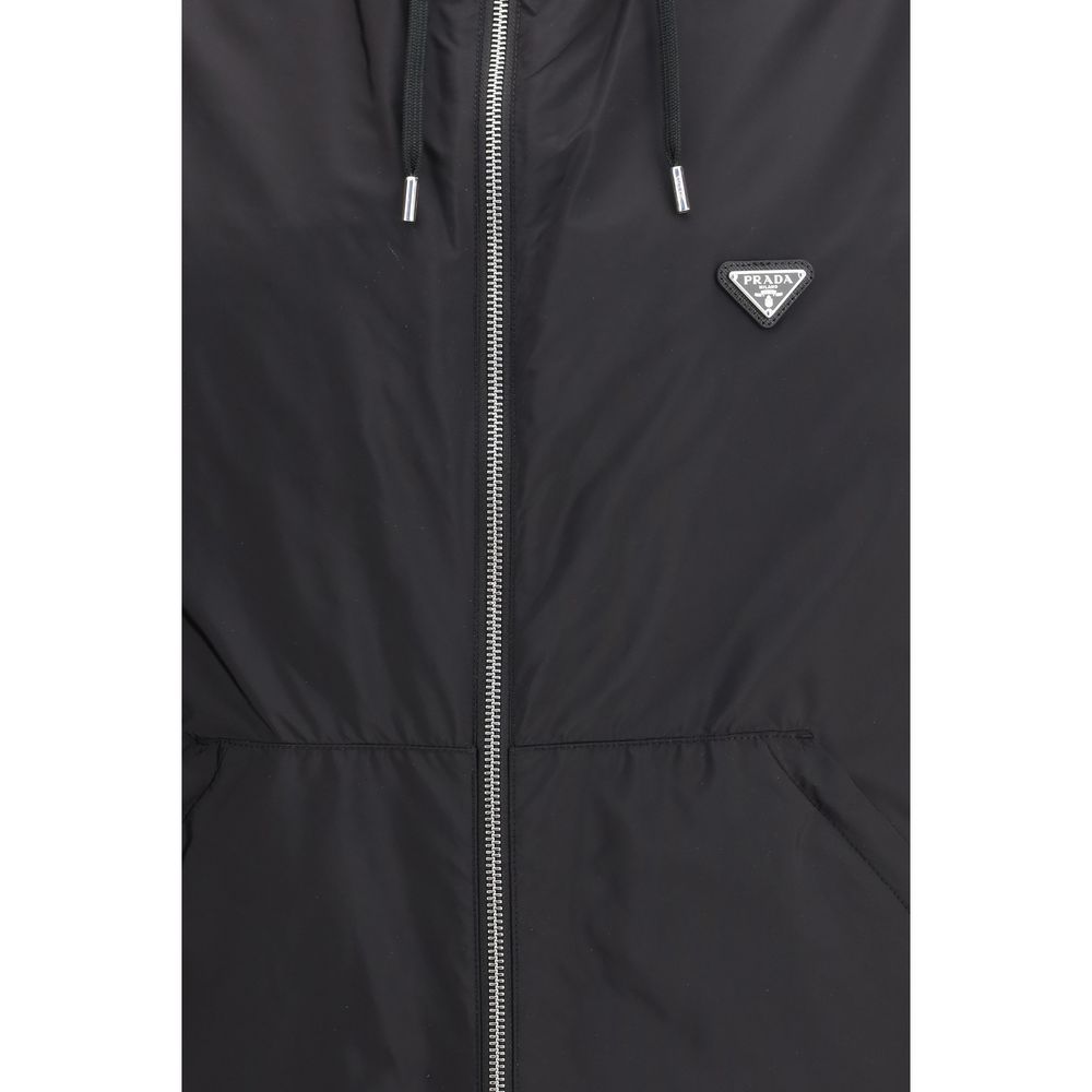 Black Synthetic Jacket with Hood and Pockets