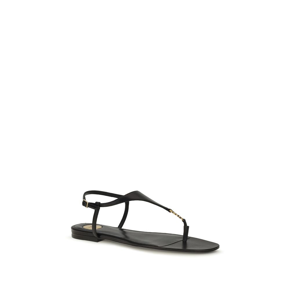 Saint Laurent Schwarze Kalbsleder Bos Taurus Flache Sandalen