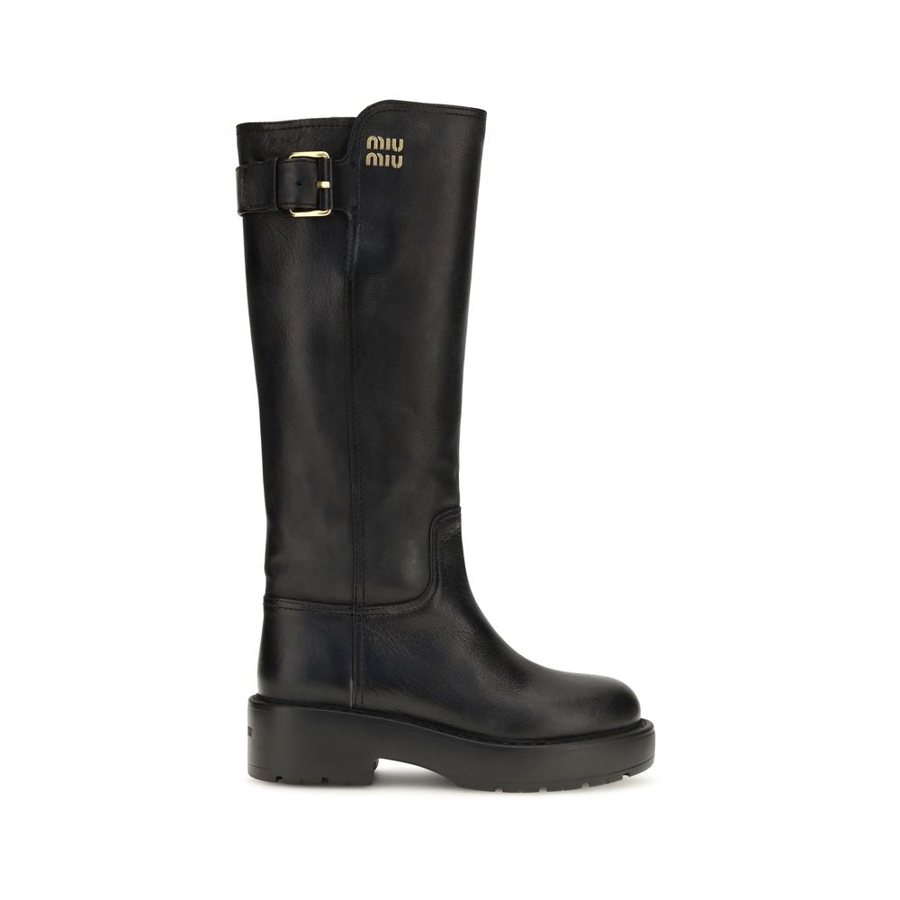 Miu Miu Black Calf Leather Flat Boots