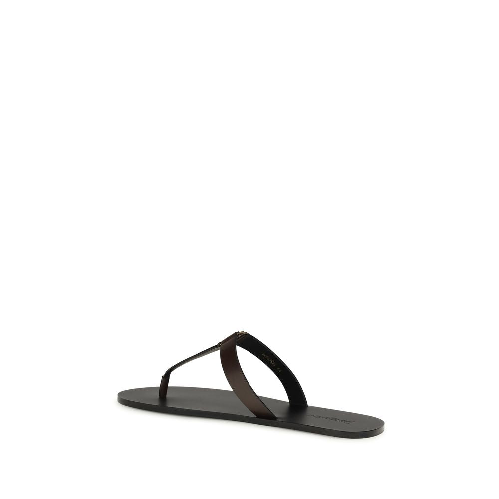 Saint Laurent Brown Calf Leather Flat Sandals