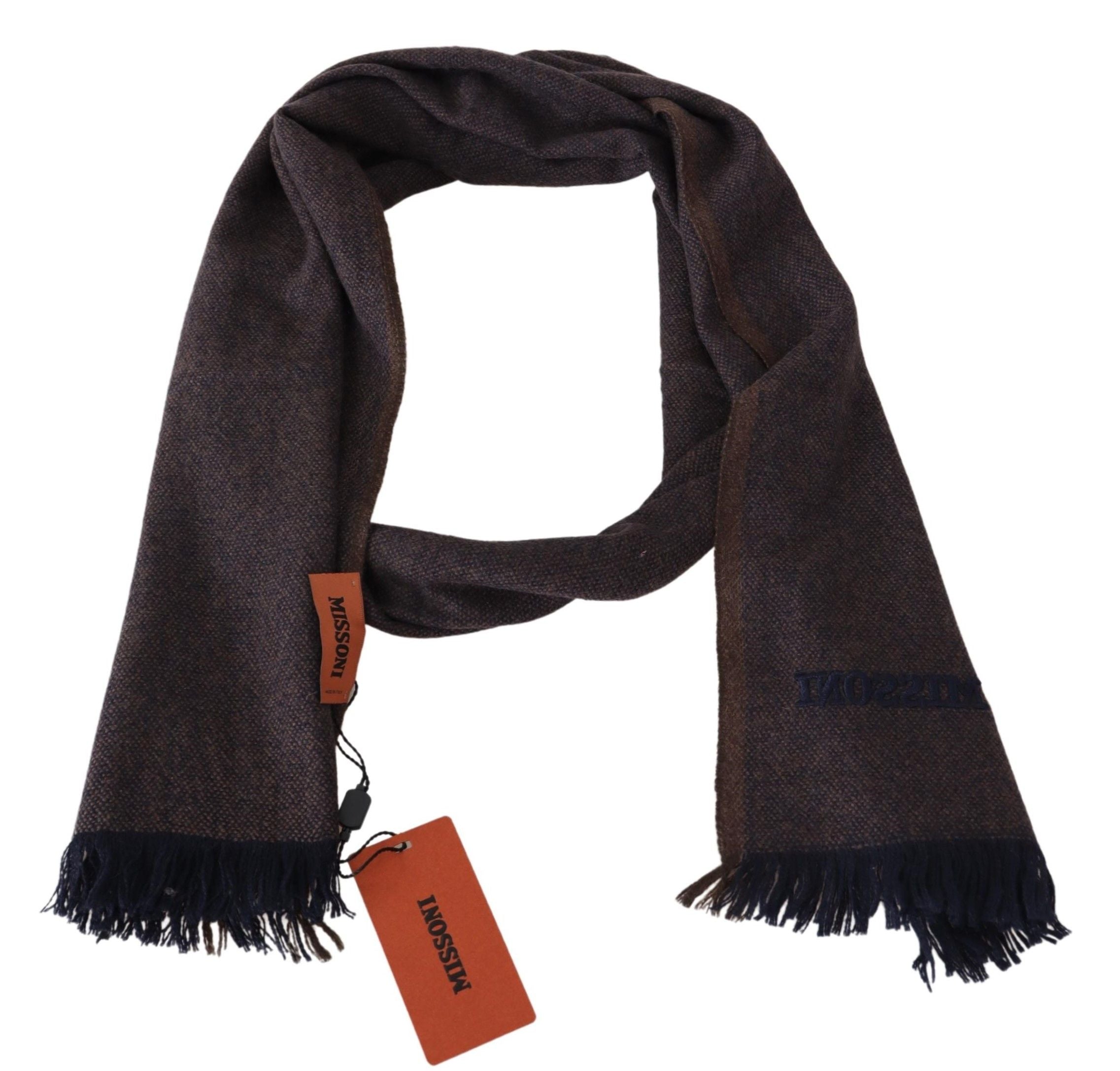 Brown Cashmere Scarf with Fringes and Embroidered Logo